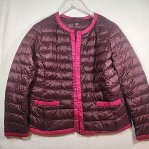 Uniqlo Ultra Light Down Jacket youth XL Plum Purple Pink Trim Puffer Collarless